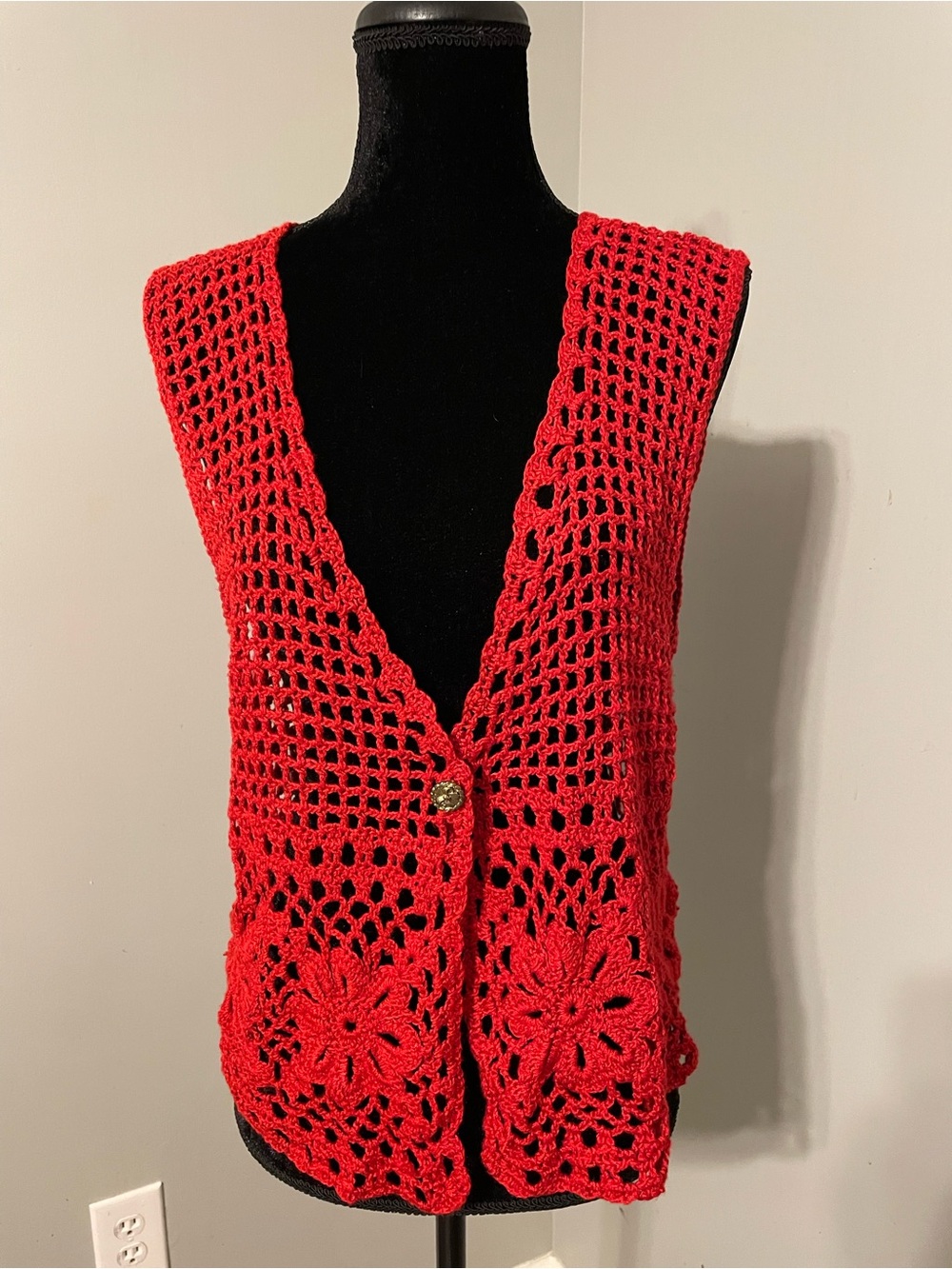 Handmade Red Crochet Vest with Floral Motif